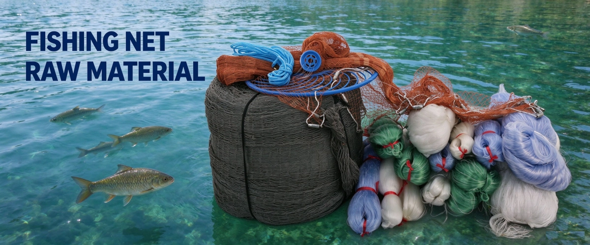 Bulk fishing net raw materials: heavy grey netting bundle with orange net pieces, blue float ropes and plastic floats, assorted small net rolls in green white and blue, set in clear lake water with swimming freshwater fish